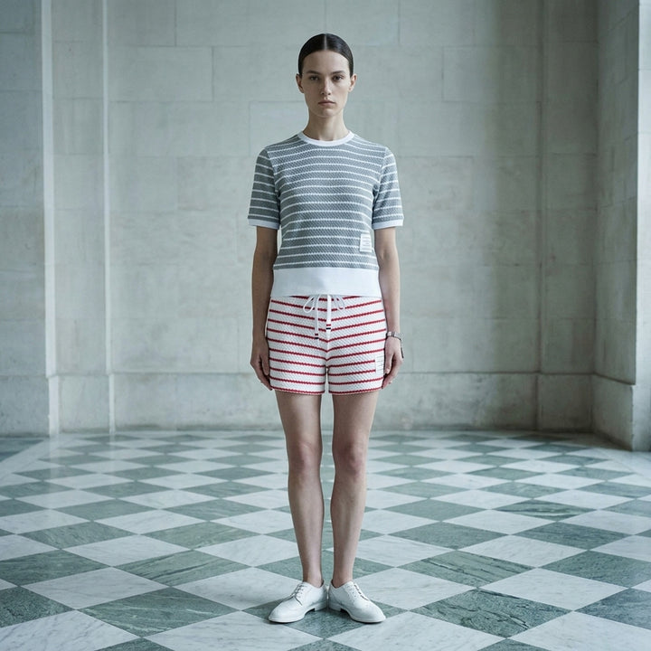Thom Browne grey and white striped honeycomb-textured knit shorts with white ribbed waistband, drawstring tie with stripe detail, and woven brand label at hem - lifestyle