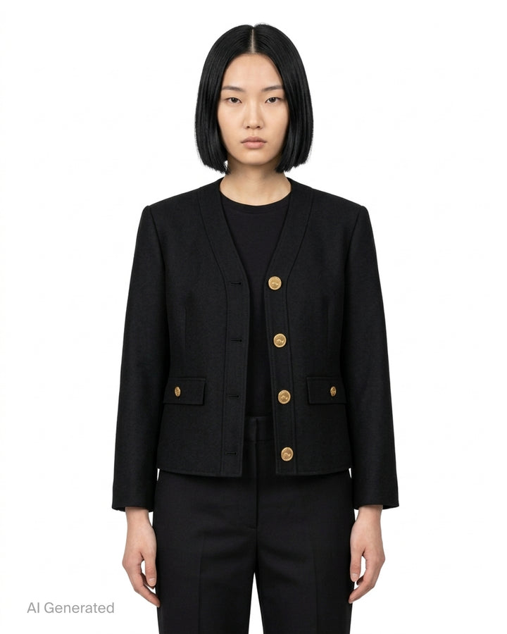 Thom Browne black V-neck cardigan jacket with gold-tone buttons, flap pockets and red, white and blue striped lining - front