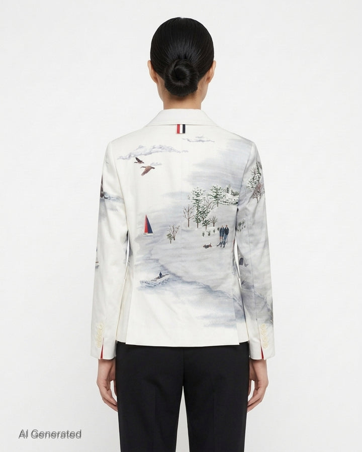 Thom Browne high armhole sportcoat with an all-over illustrated winter village print featuring cottages, sailboats and figures in the snow - back