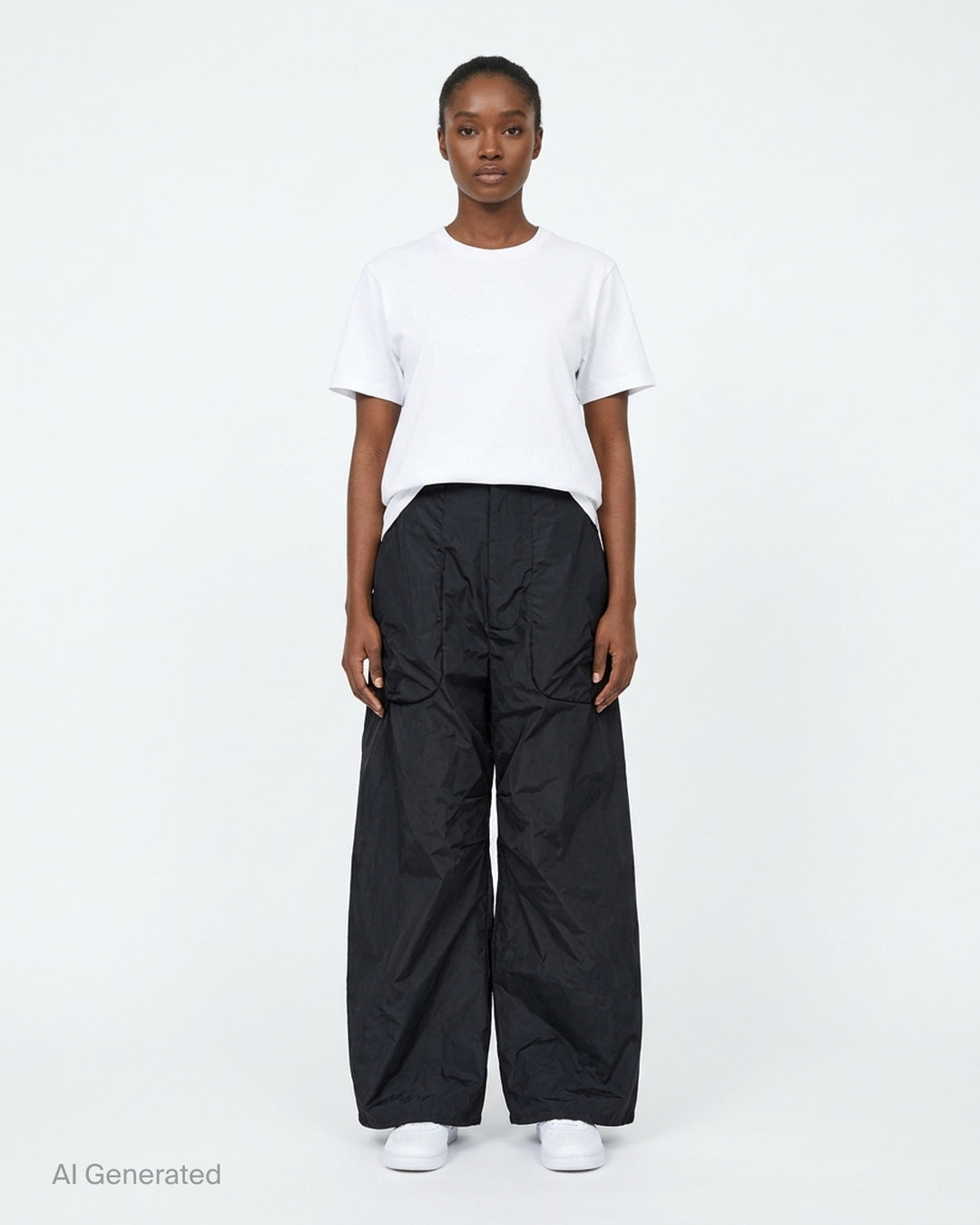 Black high-waisted wide-leg cargo tailored trousers with ruched sculpted pockets and a crinkled finish, shown from the front - front