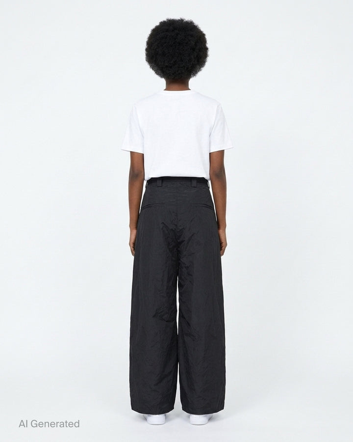 Black high-waisted wide-leg cargo tailored trousers with ruched sculpted pockets and a crinkled finish, shown from the front - back