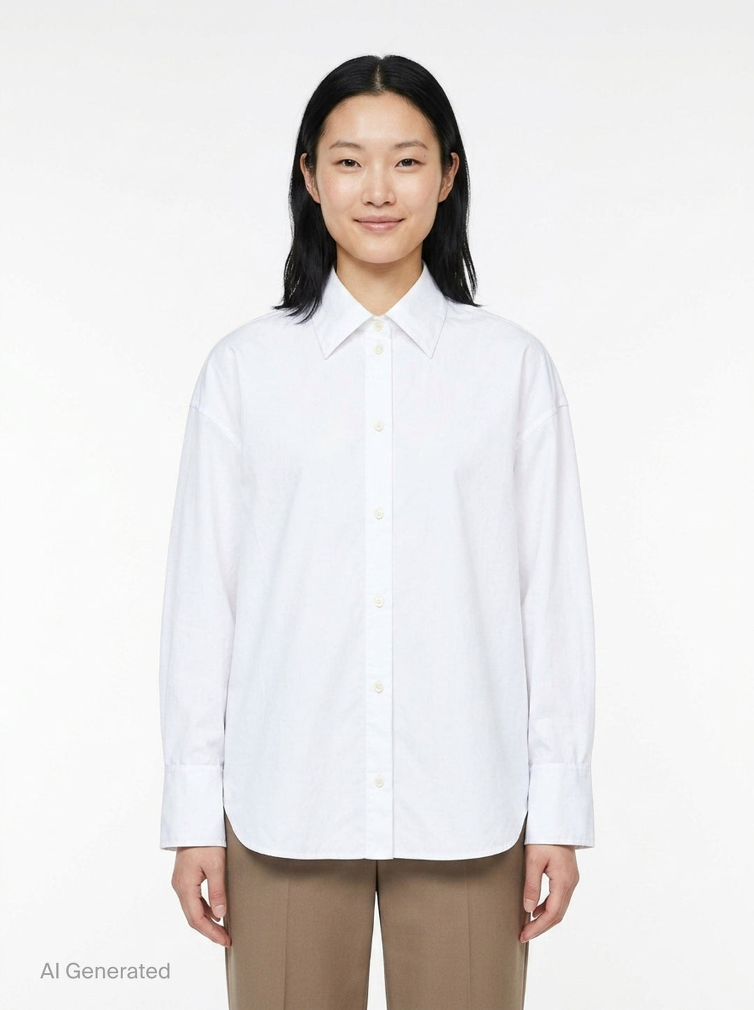 Totême Boxy Poplin Shirt in white, featuring a pointed collar with woven monogram label, full button fastening, long sleeves with barrel cuffs, and a relaxed oversized silhouette - front