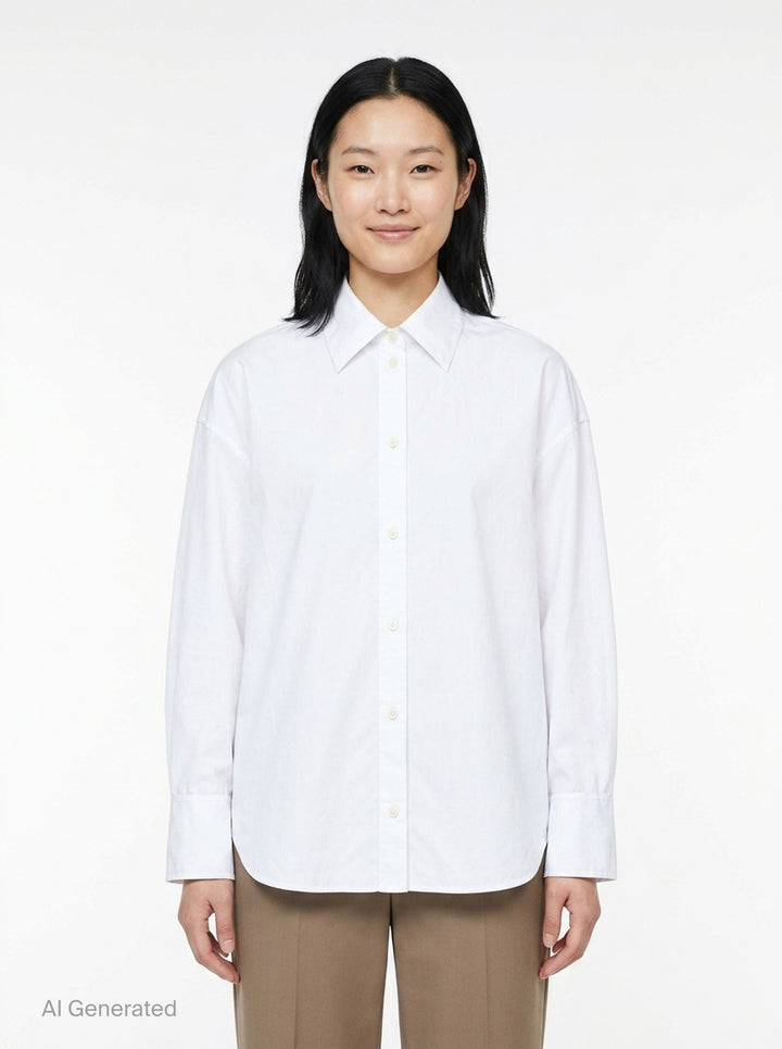 Totême Boxy Poplin Shirt in white, featuring a pointed collar with woven monogram label, full button fastening, long sleeves with barrel cuffs, and a relaxed oversized silhouette - front