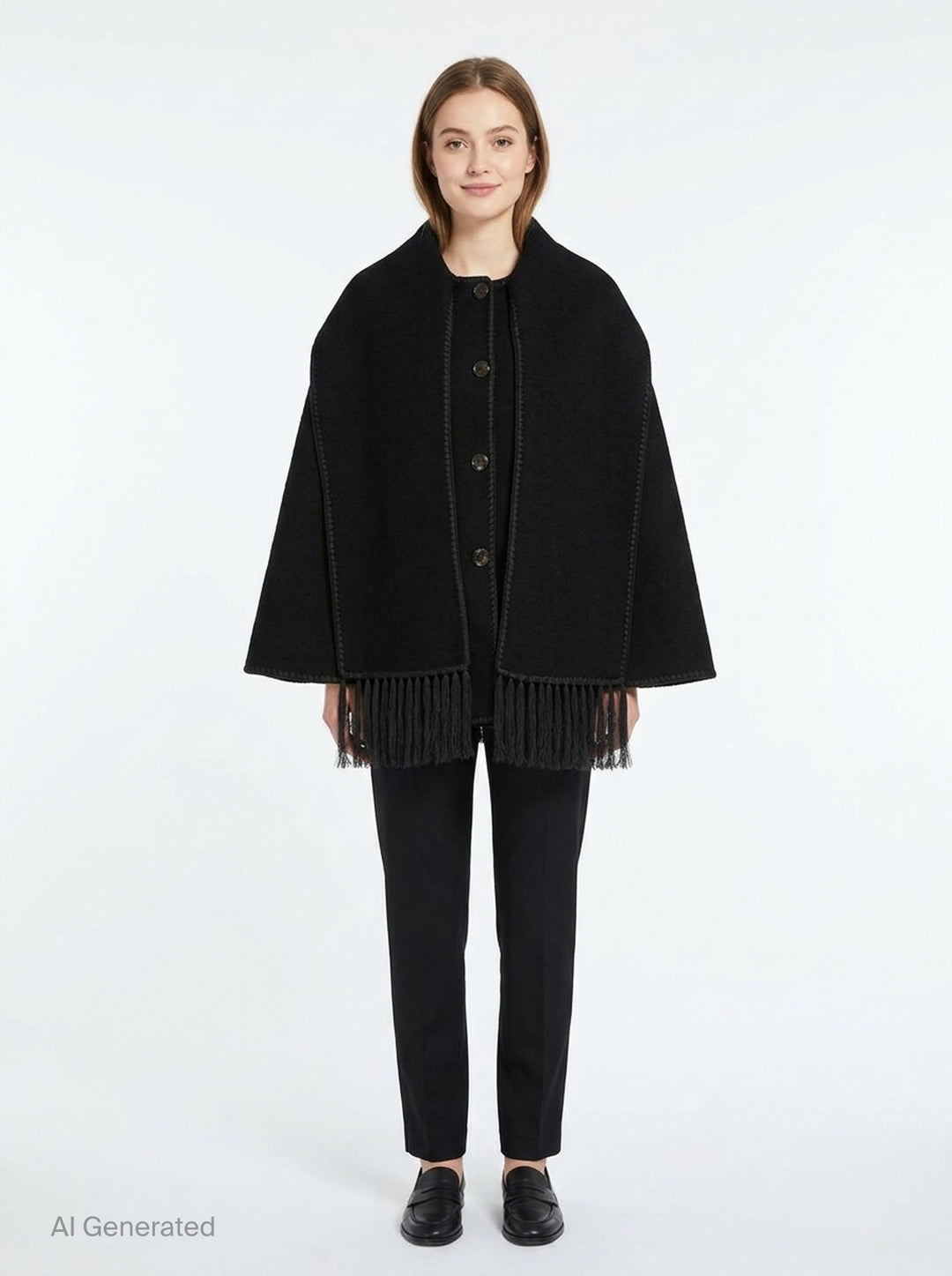 Toteme Embroidered Scarf Jacket in black wool with tonal whipstitch trim, snap-button placket, patch pocket, and long fringe tassel hem — flat lay on white background - front
