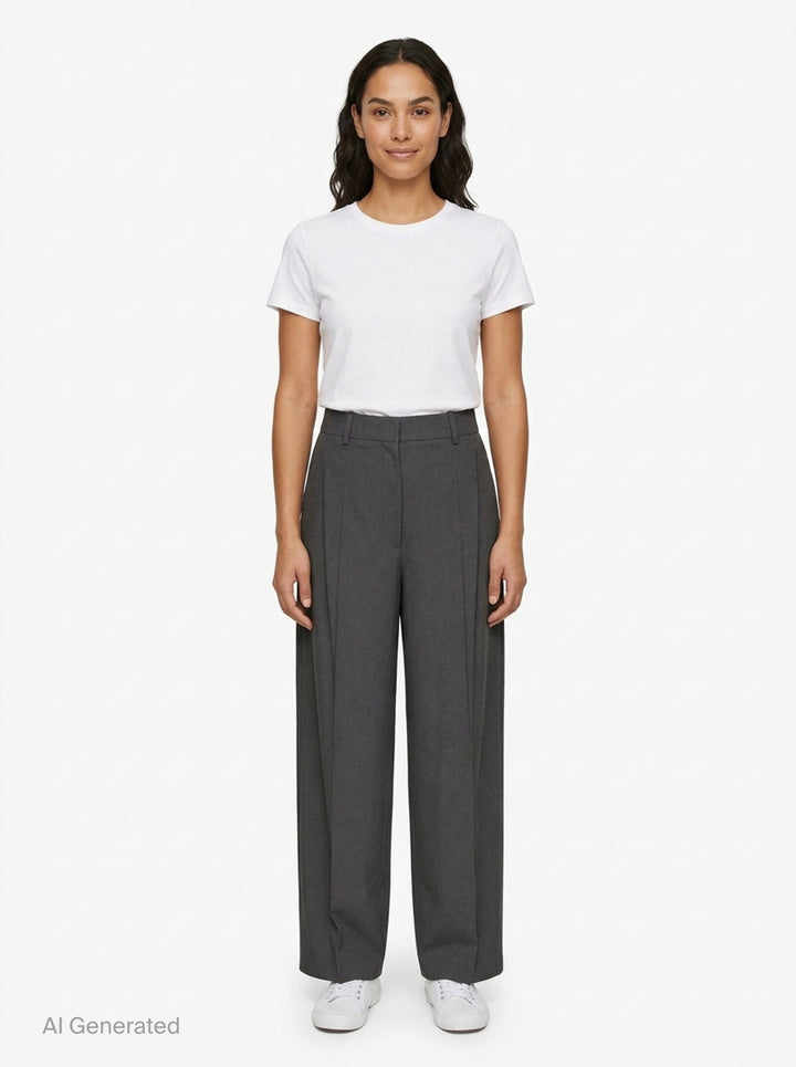 Totême High-Waist Pleated Trousers in charcoal grey, featuring front double pleats, a wide-to-tapered leg, and a structured high-rise waistband, shown flat on a white background - front