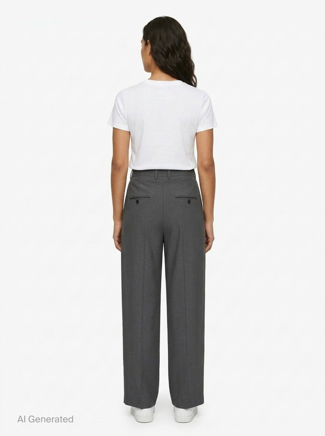Totême High-Waist Pleated Trousers in charcoal grey, featuring front double pleats, a wide-to-tapered leg, and a structured high-rise waistband, shown flat on a white background - back