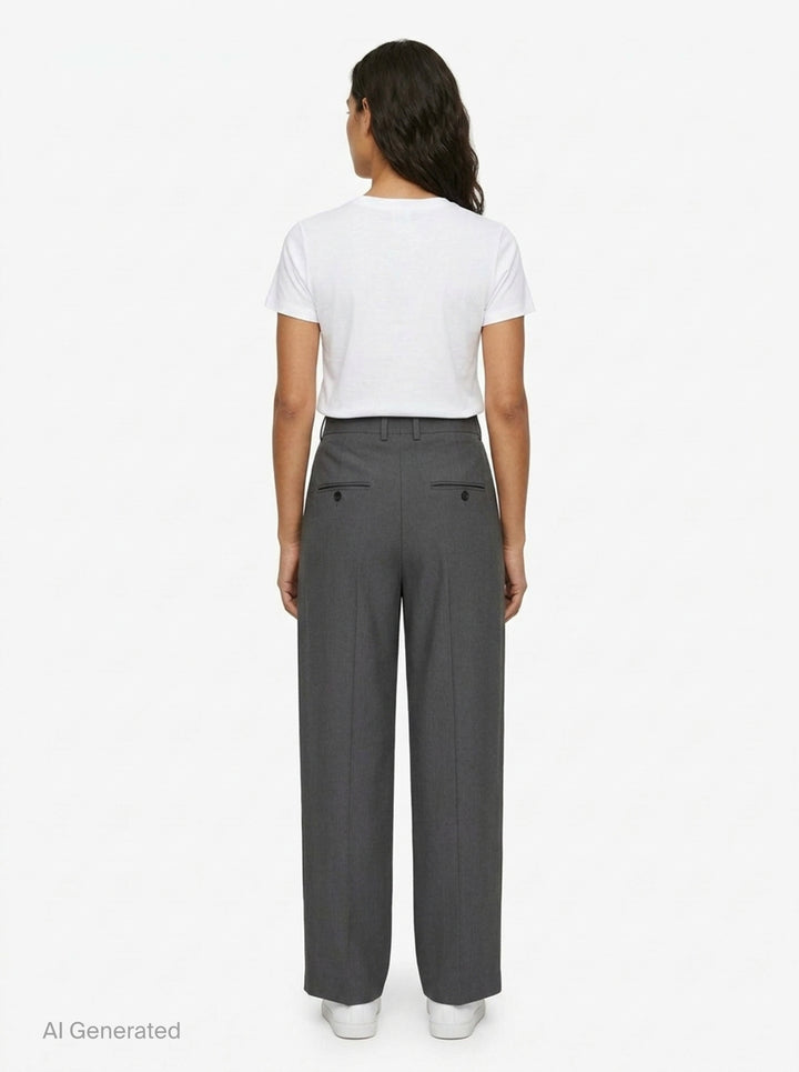 Totême High-Waist Pleated Trousers in charcoal grey, featuring front double pleats, a wide-to-tapered leg, and a structured high-rise waistband, shown flat on a white background - back