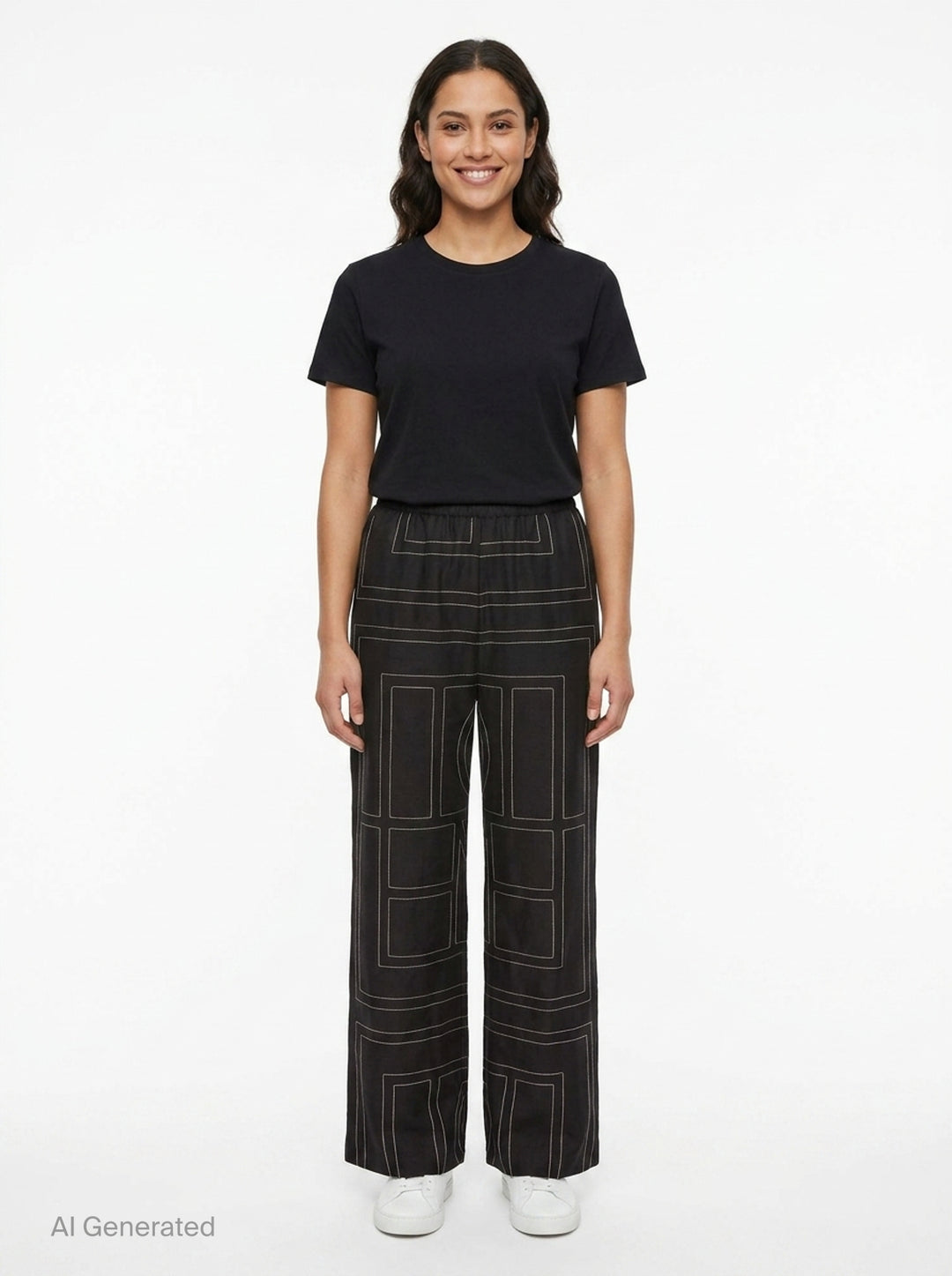 Toteme Monogram Silk Pyjama Pants in black with all-over contrast white stitched geometric panel print and elasticated waistband, wide-leg silhouette, flat lay view - front
