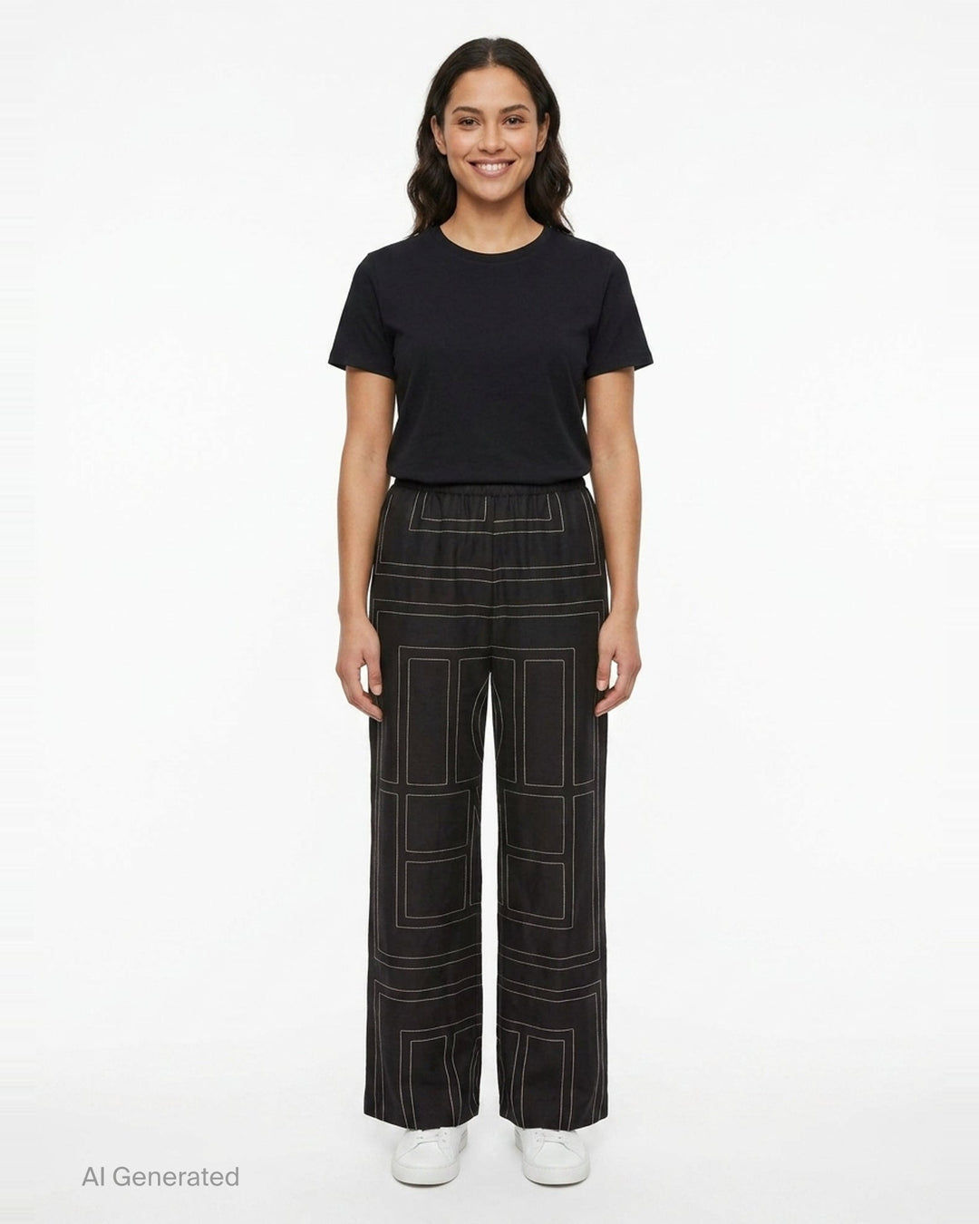 Toteme Monogram Silk Pyjama Pants in black with all-over contrast white stitched geometric panel print and elasticated waistband, wide-leg silhouette, flat lay view - front