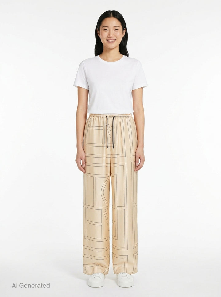 Totême Monogram Silk Pyjama Pants in champagne beige, featuring an all-over geometric monogram outline print, wide-leg silhouette, and elasticated waistband, displayed flat on a white background - front
