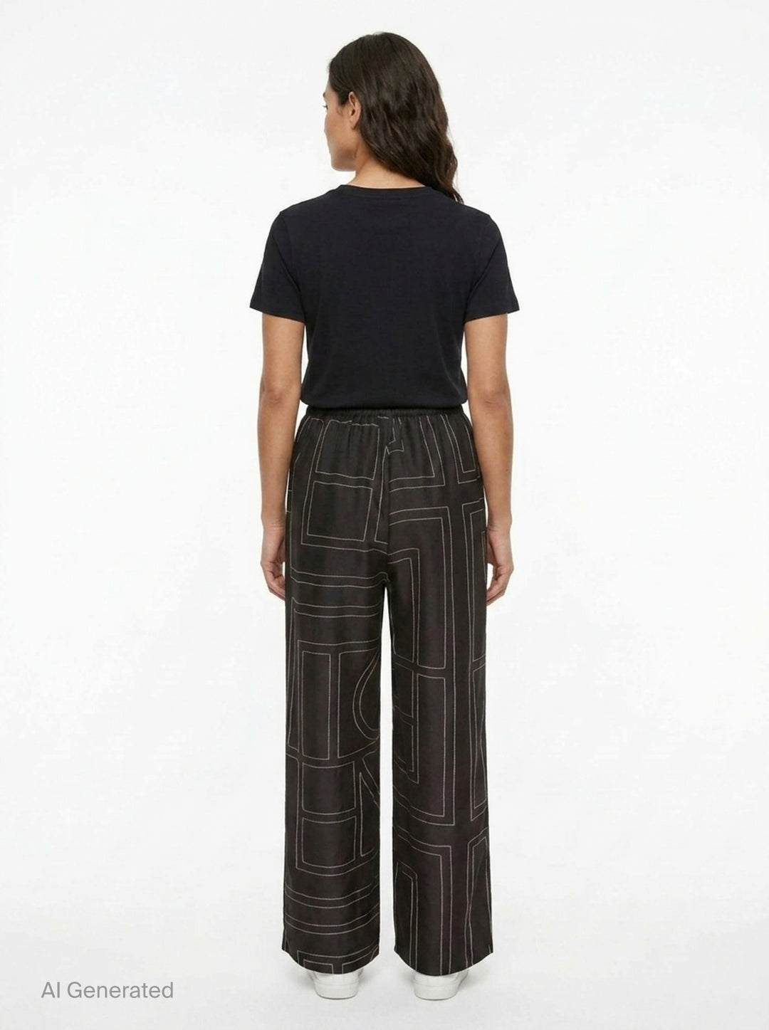 Toteme Monogram Silk Pyjama Pants in black with all-over contrast white stitched geometric panel print and elasticated waistband, wide-leg silhouette, flat lay view - back