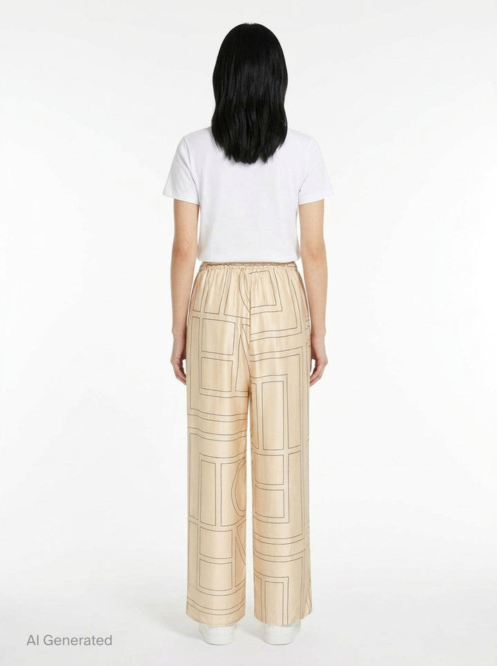 Totême Monogram Silk Pyjama Pants in champagne beige, featuring an all-over geometric monogram outline print, wide-leg silhouette, and elasticated waistband, displayed flat on a white background - back