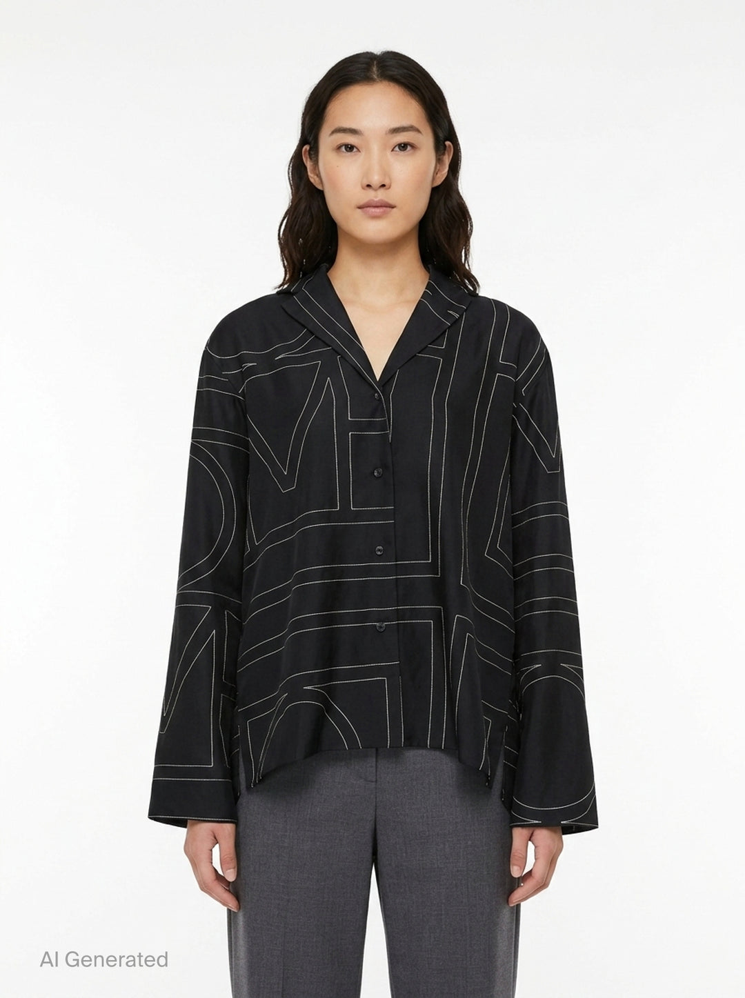 Totême Monogram Silk Pyjama Top in black, featuring all-over contrast-stitched monogram print, camp collar, partial button placket, and relaxed long-sleeve silhouette - front