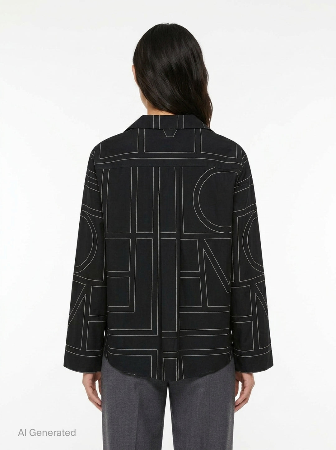 Totême Monogram Silk Pyjama Top in black, featuring all-over contrast-stitched monogram print, camp collar, partial button placket, and relaxed long-sleeve silhouette - back