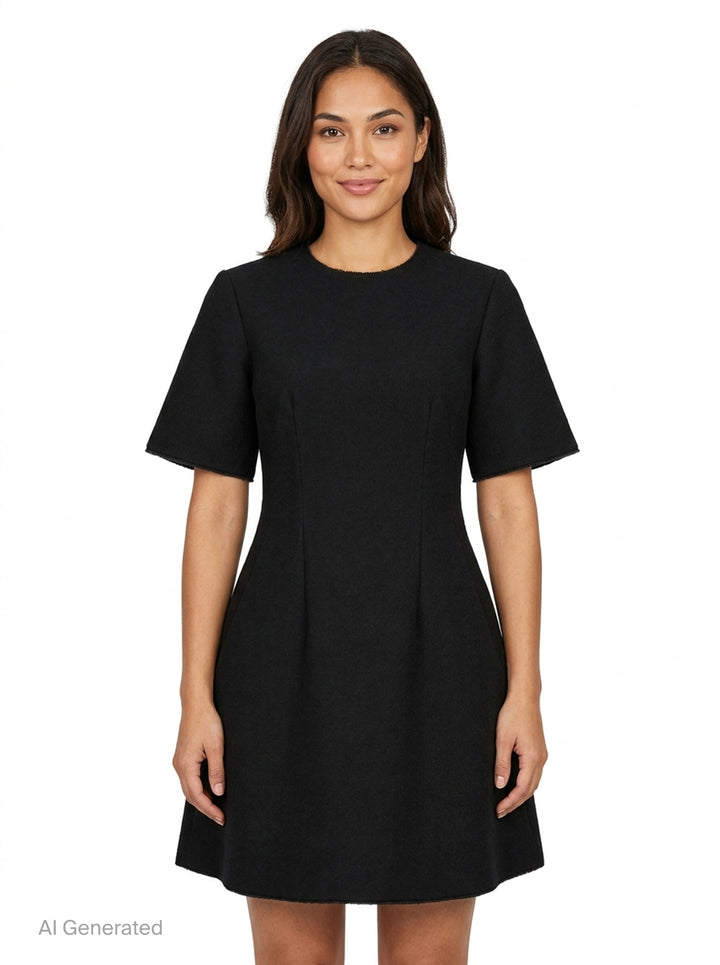 Totême Sculptural Short Dress in black — A-line silhouette with structured vertical seaming, short sleeves with frayed trim, and concealed back zip closure - front