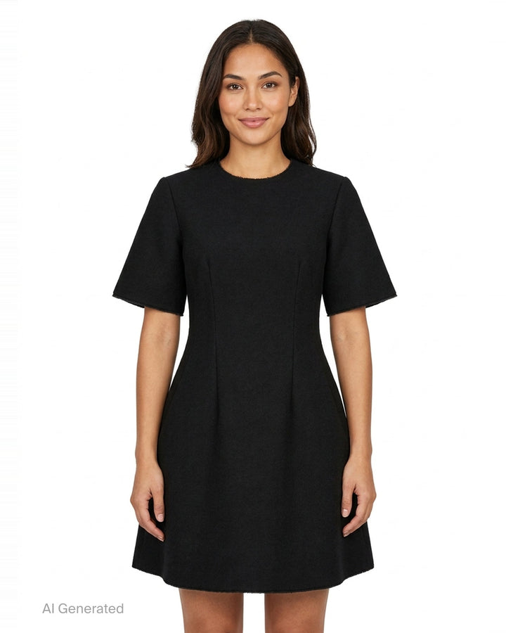 Totême Sculptural Short Dress in black — A-line silhouette with structured vertical seaming, short sleeves with frayed trim, and concealed back zip closure - front