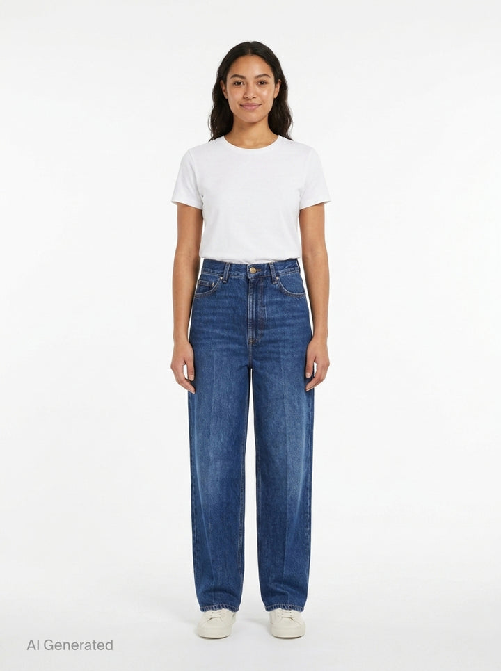 Totême Wide Leg Jeans in mid-blue wash with high-rise waist, five-pocket construction, contrast orange topstitching, and a relaxed wide leg silhouette - front
