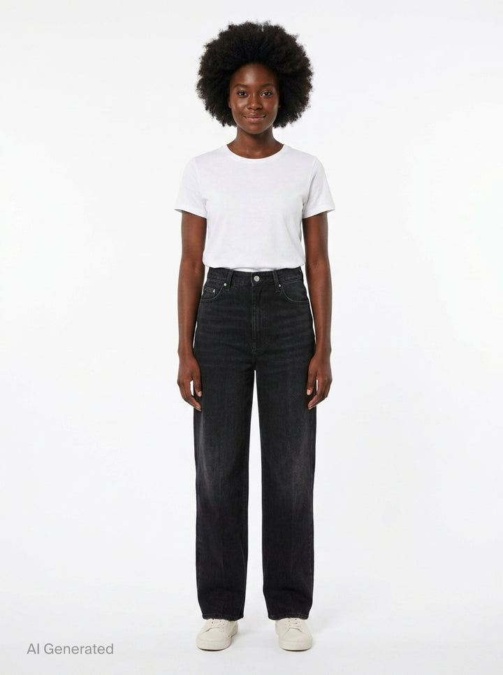 Totême Wide Leg Jeans in washed black denim, featuring a high-rise waist, five-pocket construction, and a relaxed straight-falling leg, shown flat against a white background - front