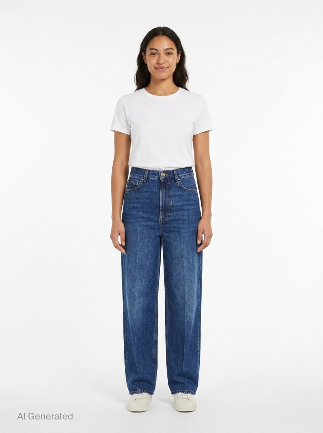 Totême Wide Leg Jeans in mid-blue wash with high-rise waist, five-pocket construction, contrast orange topstitching, and a relaxed wide leg silhouette - front