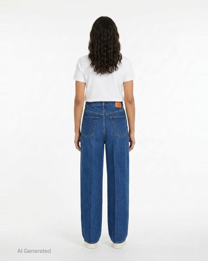 Totême Wide Leg Jeans in mid-blue wash with high-rise waist, five-pocket construction, contrast orange topstitching, and a relaxed wide leg silhouette - back