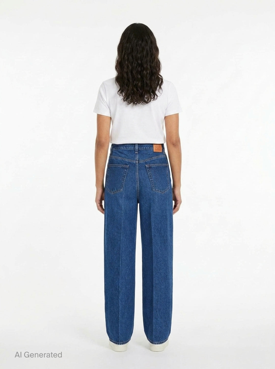 Totême Wide Leg Jeans in mid-blue wash with high-rise waist, five-pocket construction, contrast orange topstitching, and a relaxed wide leg silhouette - back