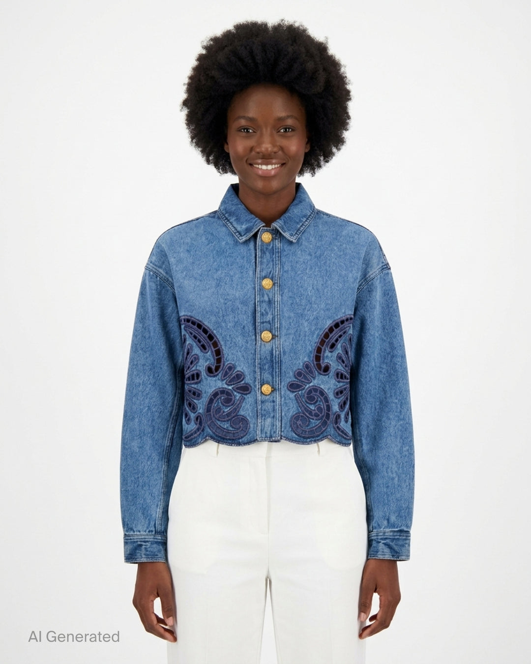 Ulla Johnson Bobbi cropped denim jacket in washed blue with navy eyelet cutwork at the hem and gold-tone buttons - front