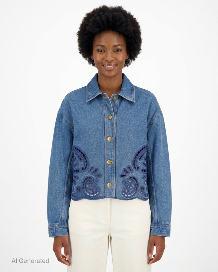 Ulla Johnson Bobbi cropped denim jacket in washed blue with navy eyelet cutwork at the hem and gold-tone buttons - front