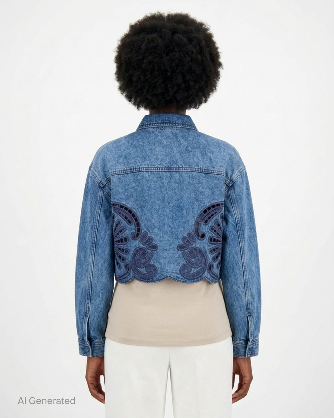 Ulla Johnson Bobbi cropped denim jacket in washed blue with navy eyelet cutwork at the hem and gold-tone buttons - back