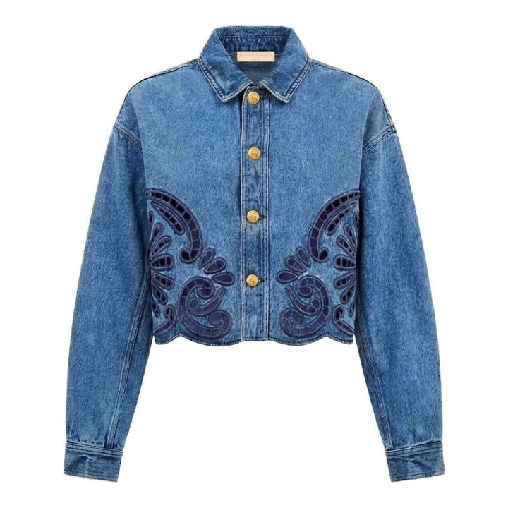 Ulla Johnson Bobbi cropped denim jacket in washed blue with navy eyelet cutwork at the hem and gold-tone buttons - packshot