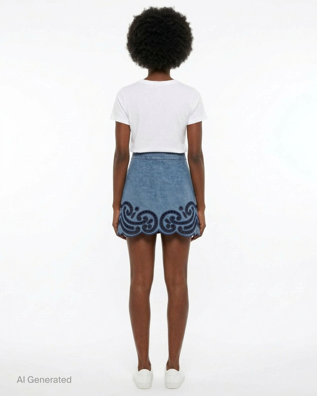 Ulla Johnson Cadiz mini skirt in washed blue denim with navy eyelet scrollwork embroidery and a scalloped hem - back