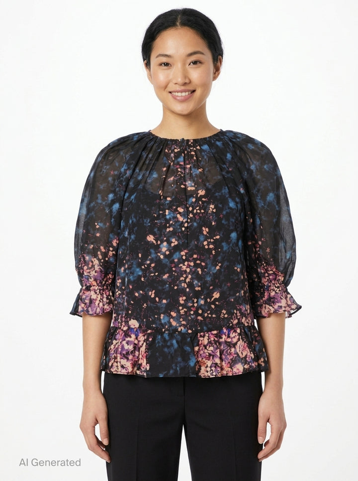 Ulla Johnson Elise short sleeve silk blouse in a dark-ground painterly floral print with voluminous puff sleeves, smocked ruffle cuffs, and a tiered ruffle hem - front