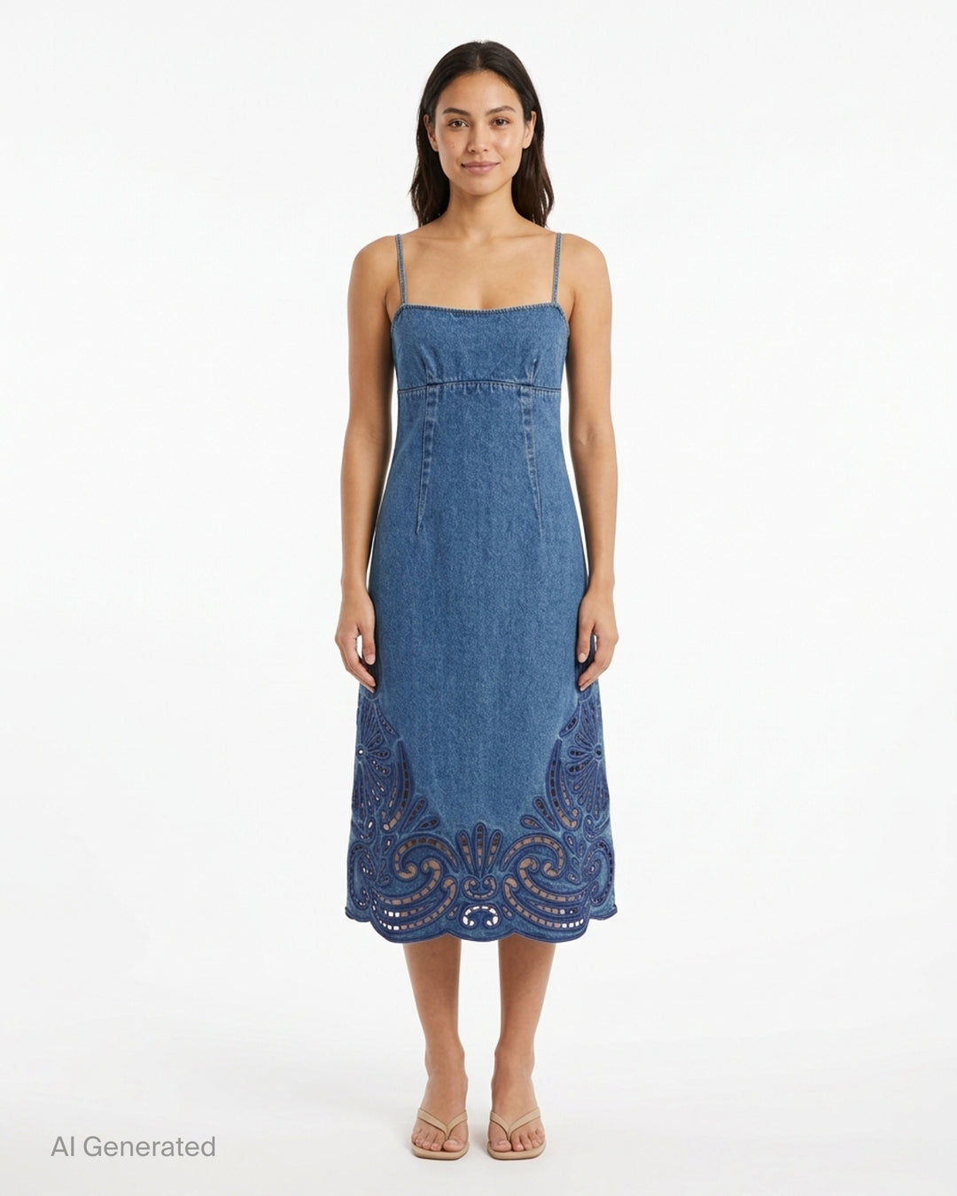 Ulla Johnson Jane Eyelet Denim Dress in washed blue denim with spaghetti straps, empire waist and indigo cutwork embroidery along the scalloped hem - front