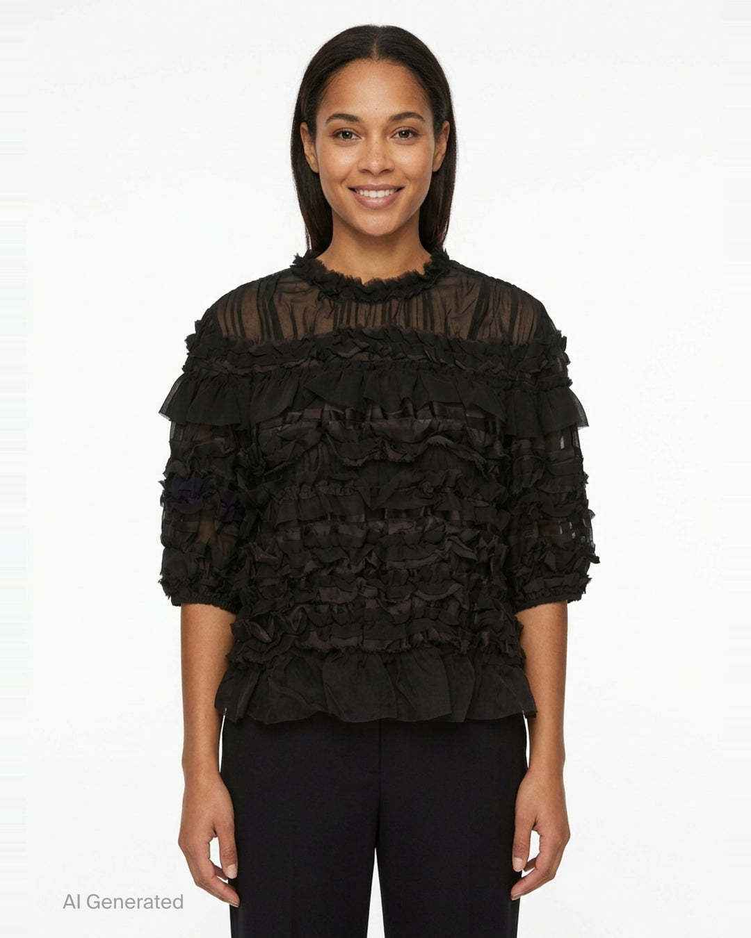 Ulla Johnson Mabel Short Sleeve Silk Top in black — sheer silk with cascading tiered ruffles, frayed collar trim, and puffed short sleeves - front