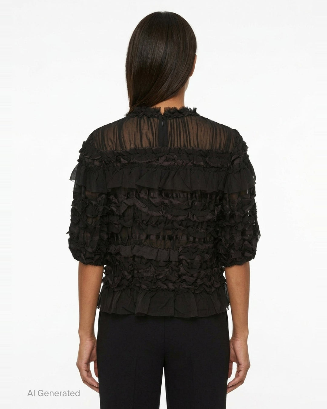 Ulla Johnson Mabel Short Sleeve Silk Top in black — sheer silk with cascading tiered ruffles, frayed collar trim, and puffed short sleeves - back