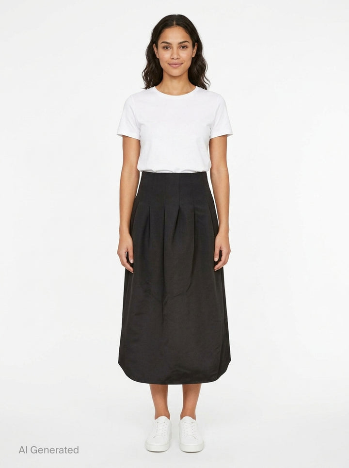 Ulla Johnson Delara Satin Midi Skirt in black, featuring a high waist, deep front pleats, and a voluminous tulip-shaped hem - front
