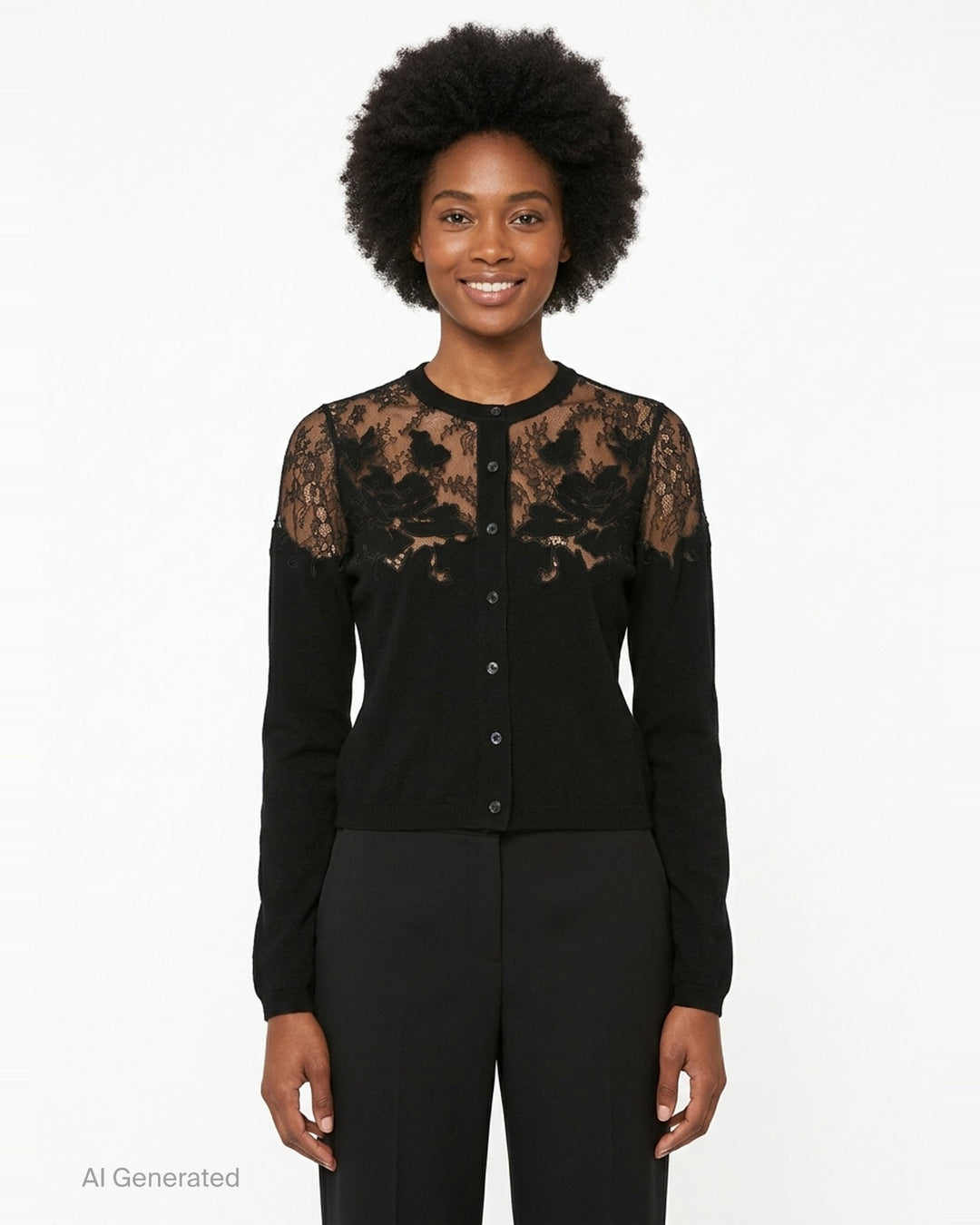 Ulla Johnson Talia Lace Cardigan in black, featuring a sheer floral embroidered lace yoke and shoulder panelling over a fine knit body with button-front closure and long sleeves - front