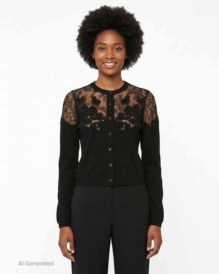 Ulla Johnson Talia Lace Cardigan in black, featuring a sheer floral embroidered lace yoke and shoulder panelling over a fine knit body with button-front closure and long sleeves - front
