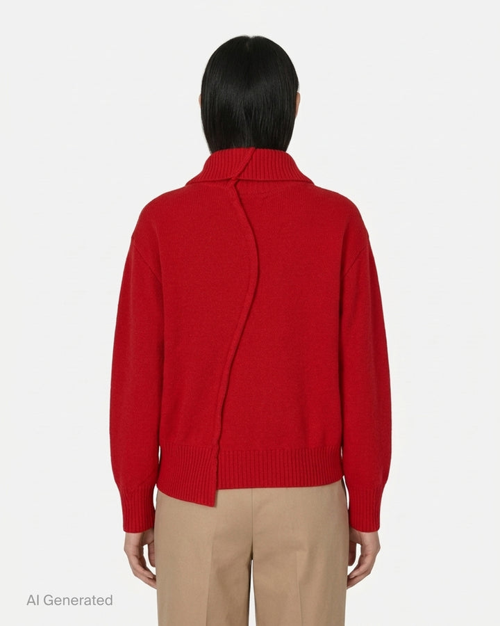 Undercover asymmetrical red wool knit cardigan with ribbed funnel collar, graduated pearlescent buttons and patch pockets - back