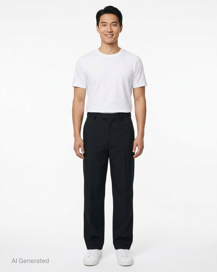 Undercover Cindy Sherman Patch Trousers in black, front view showing straight-leg tailored cut with pressed crease and patch detail - front