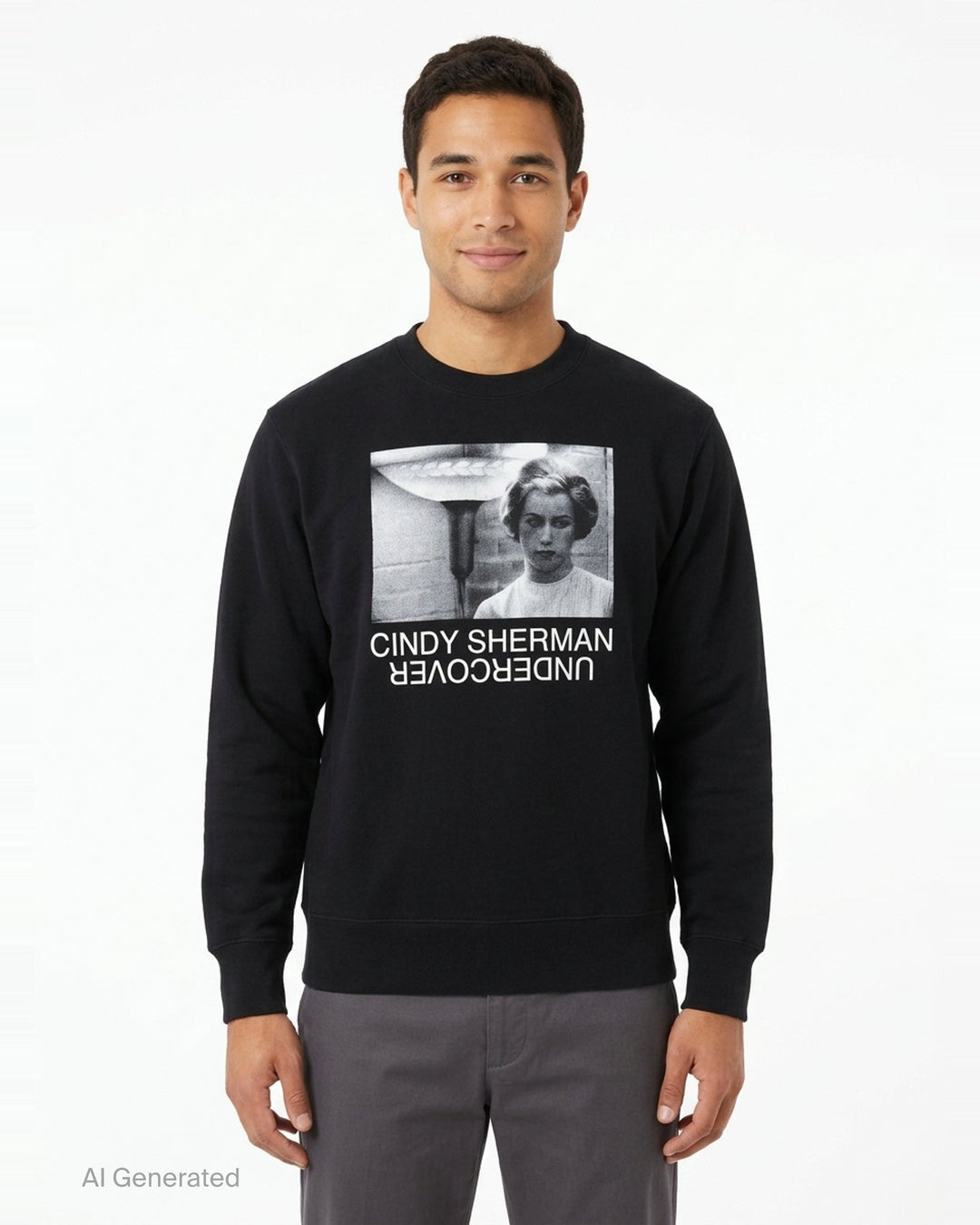 Undercover x Cindy Sherman black crewneck sweatshirt with a monochrome photographic print of a woman and mirrored Undercover logo on the chest - front