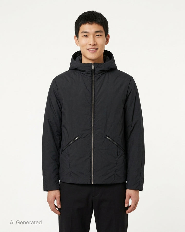 Undercover Cindy Sherman black padded zip-up hooded blouson with diagonal zip pockets, front view - front