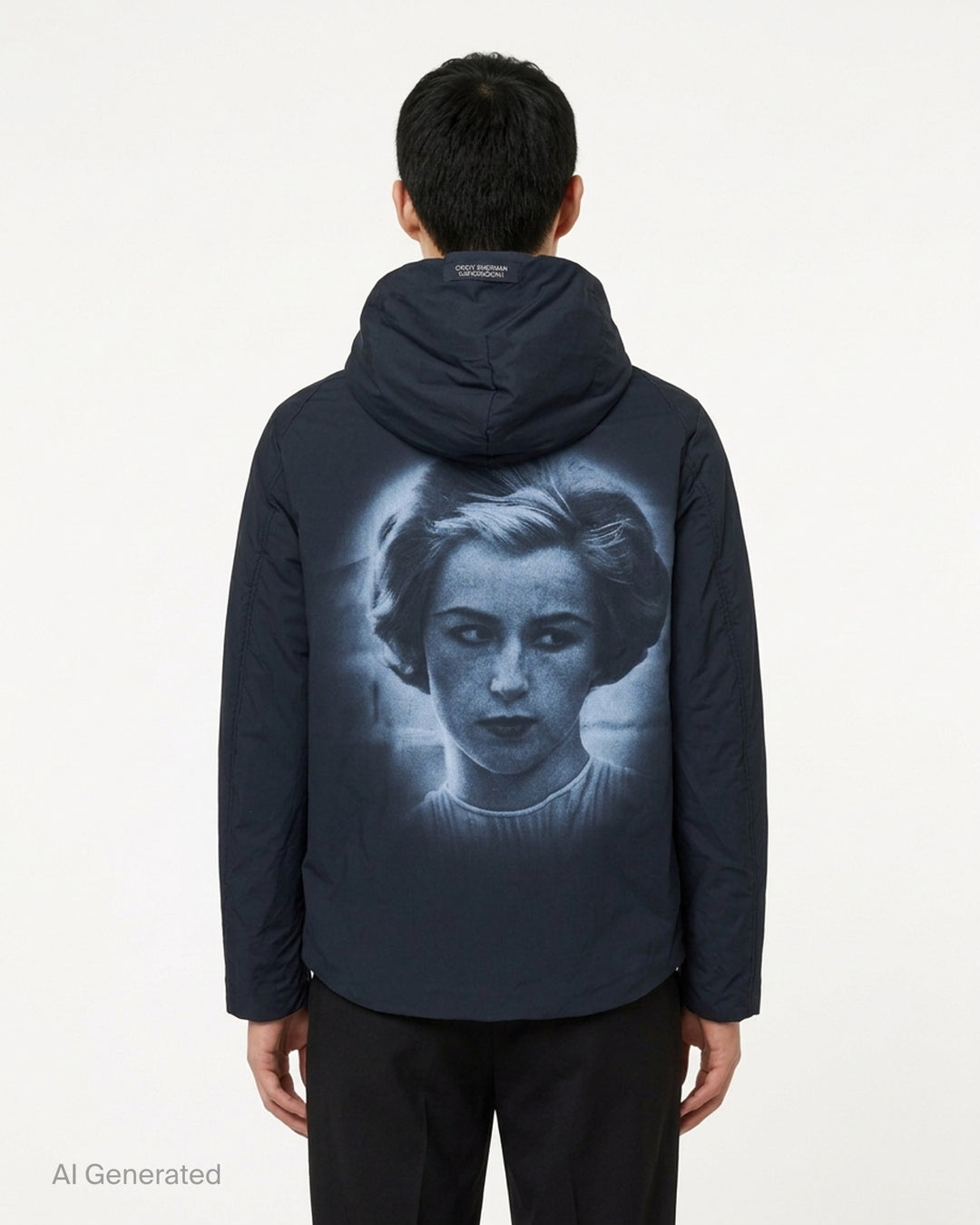 Undercover Cindy Sherman black padded zip-up hooded blouson with diagonal zip pockets, front view - back
