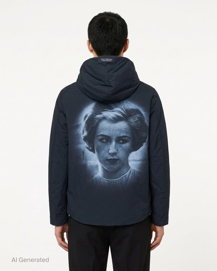 Undercover Cindy Sherman black padded zip-up hooded blouson with diagonal zip pockets, front view - back