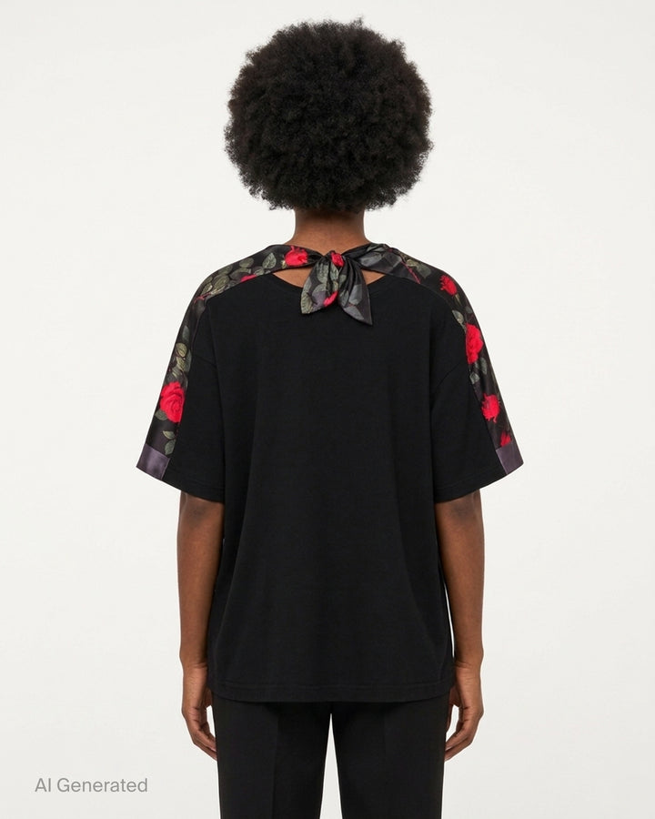 Undercover Floral Sleeve Panel Tee in black with rose-print satin sleeve panels, chest pocket and knotted satin tie at the back neckline - back