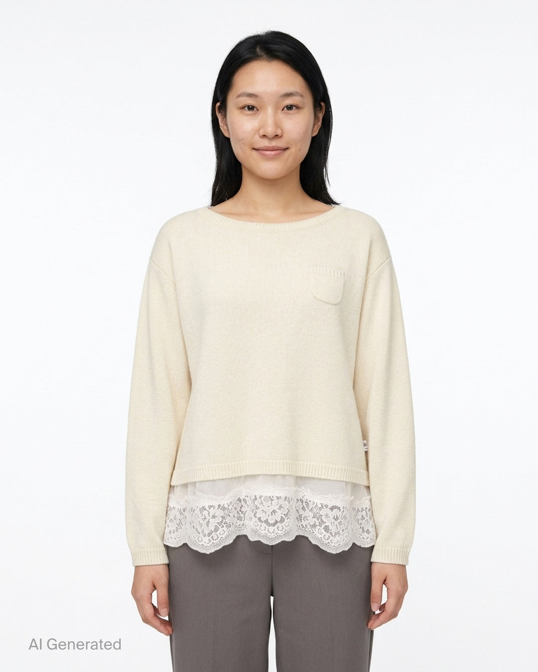 Undercover cream knit top with chest pocket, ribbed trim and a layered scalloped lace hem - front