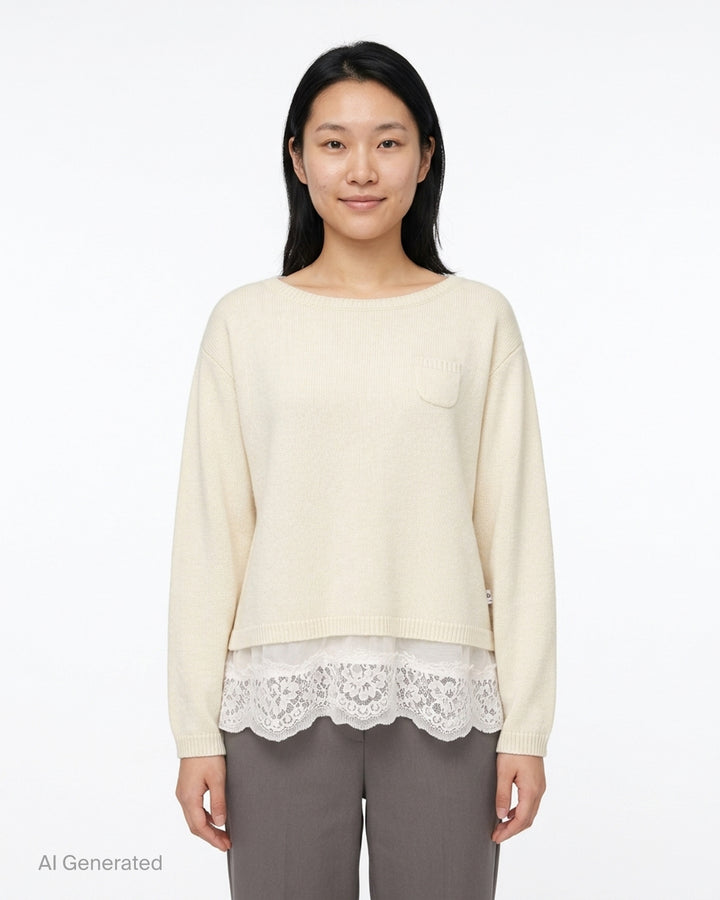 Undercover cream knit top with chest pocket, ribbed trim and a layered scalloped lace hem - front