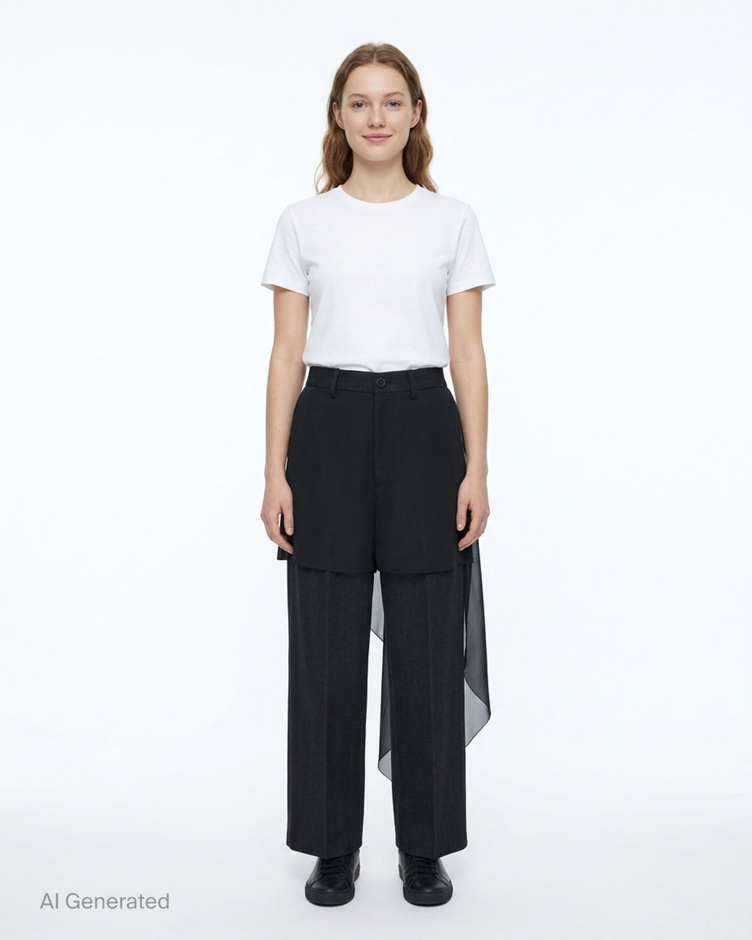 Undercover layered trousers in black and charcoal with a sheer overlay panel and straight-leg cut, front view - front