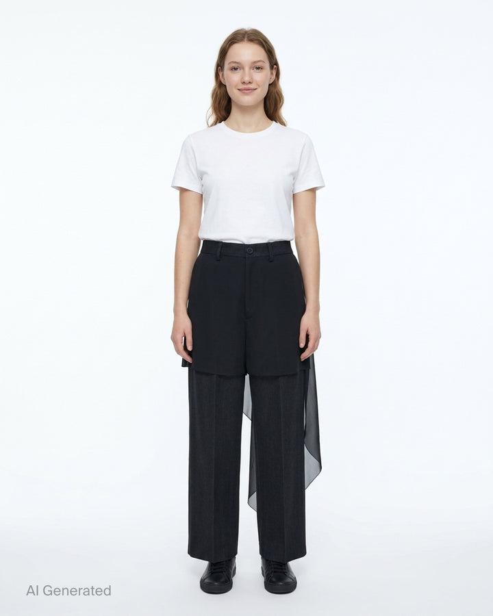 Undercover layered trousers in black and charcoal with a sheer overlay panel and straight-leg cut, front view - front