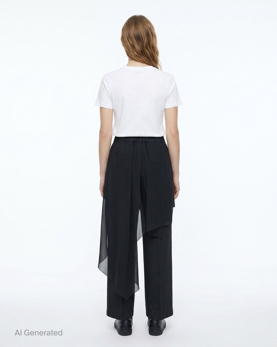 Undercover layered trousers in black and charcoal with a sheer overlay panel and straight-leg cut, front view - back