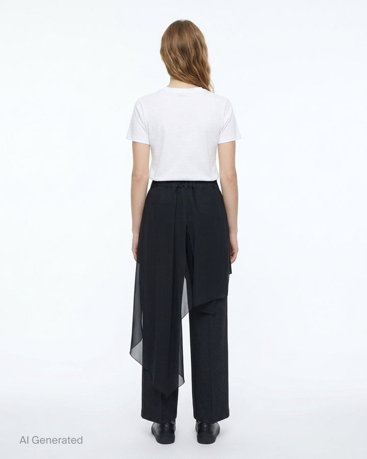 Undercover layered trousers in black and charcoal with a sheer overlay panel and straight-leg cut, front view - back